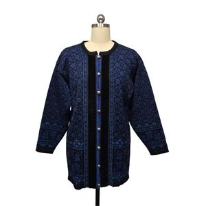Dale of Norway Wool Sweater Jacket Blue Black Floral Nordic Fair Isle Women's